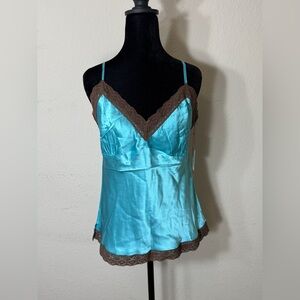 Gold Hawk Vintage Insp Y2K Silk Lace Trim Camisole Blue Brown Coquette Fairycore